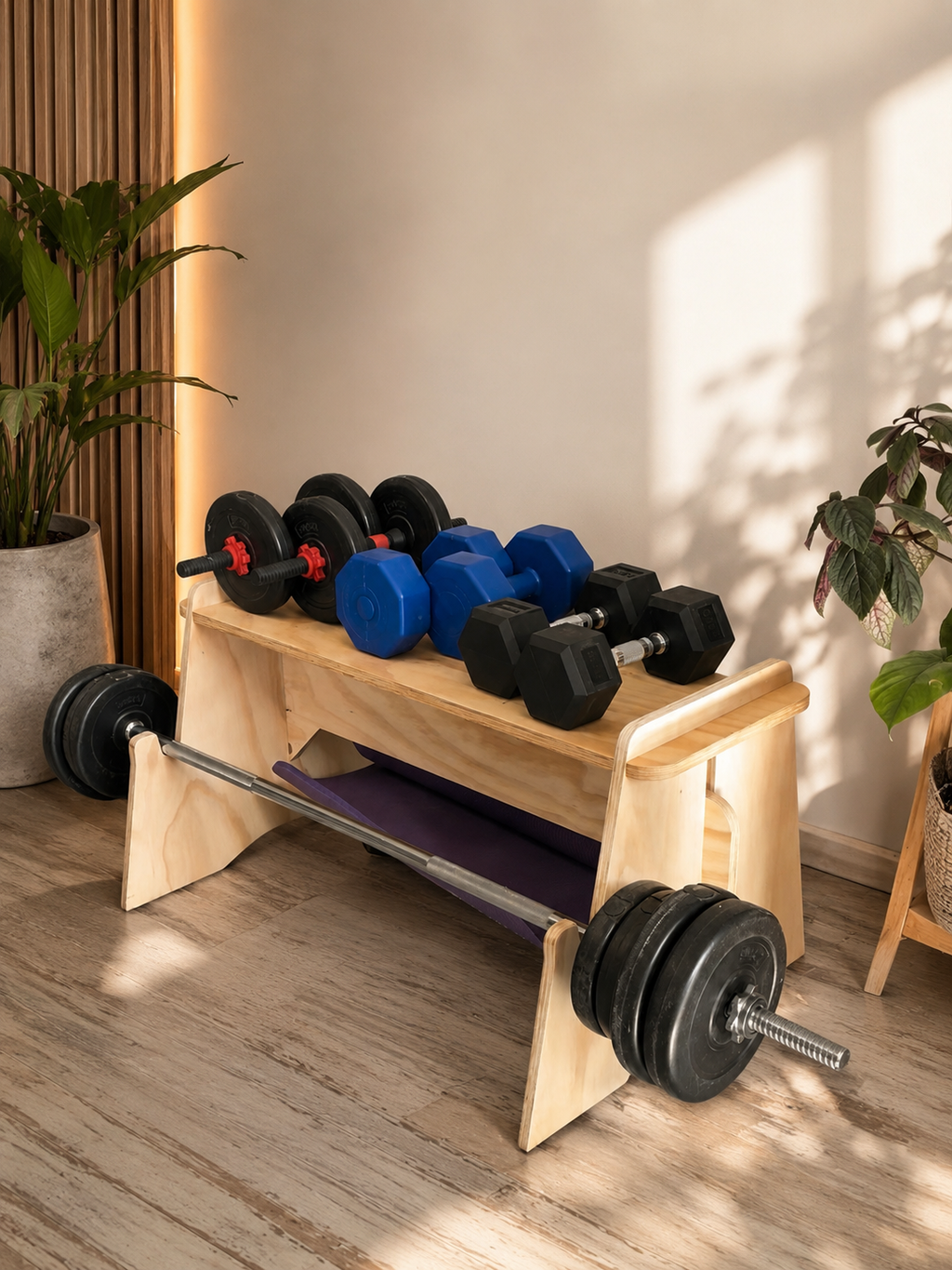 Mueble banca para pesas y barra HOMEGYM madera color natural