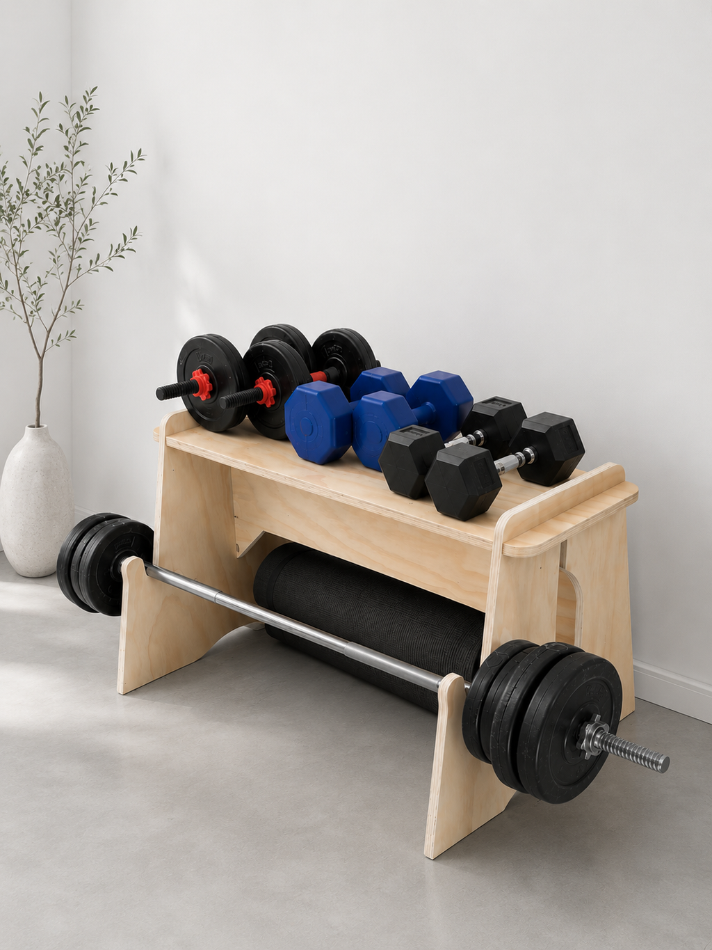 Mueble banca para pesas y barra HOMEGYM madera color natural