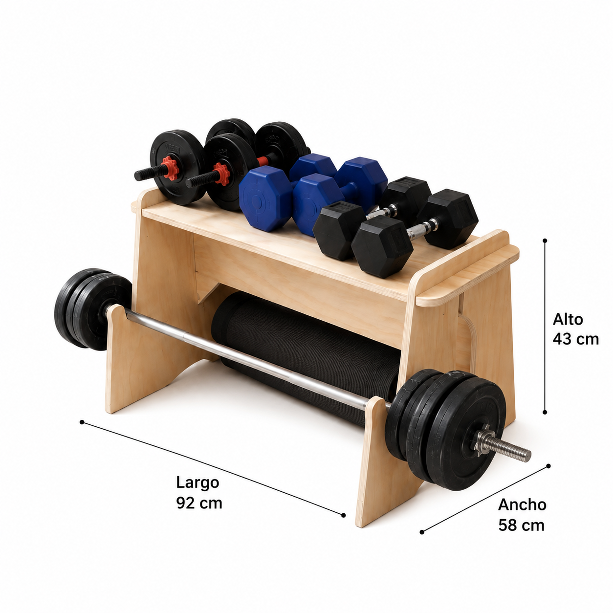 Mueble banca para pesas y barra HOMEGYM madera color natural